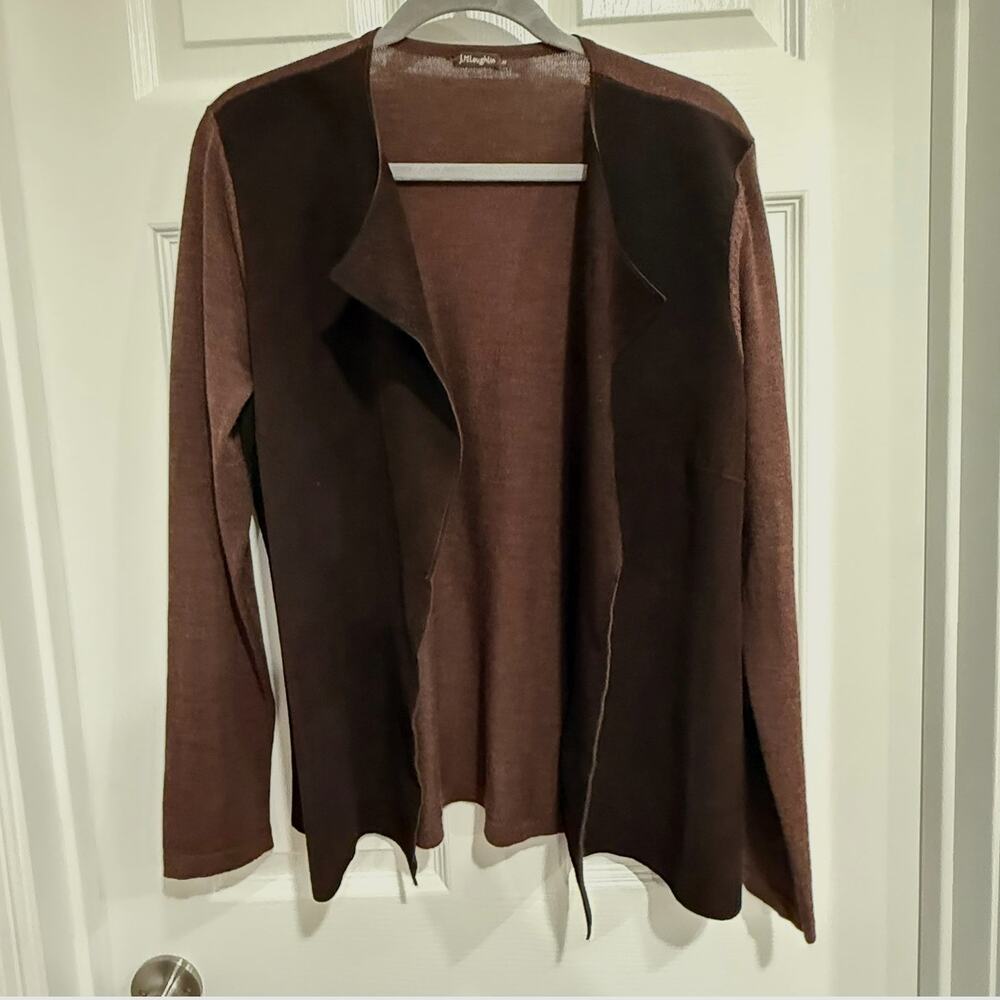 J. McLaughlin Women’s M Brown Merino Wool Leather Open Front Cardigan